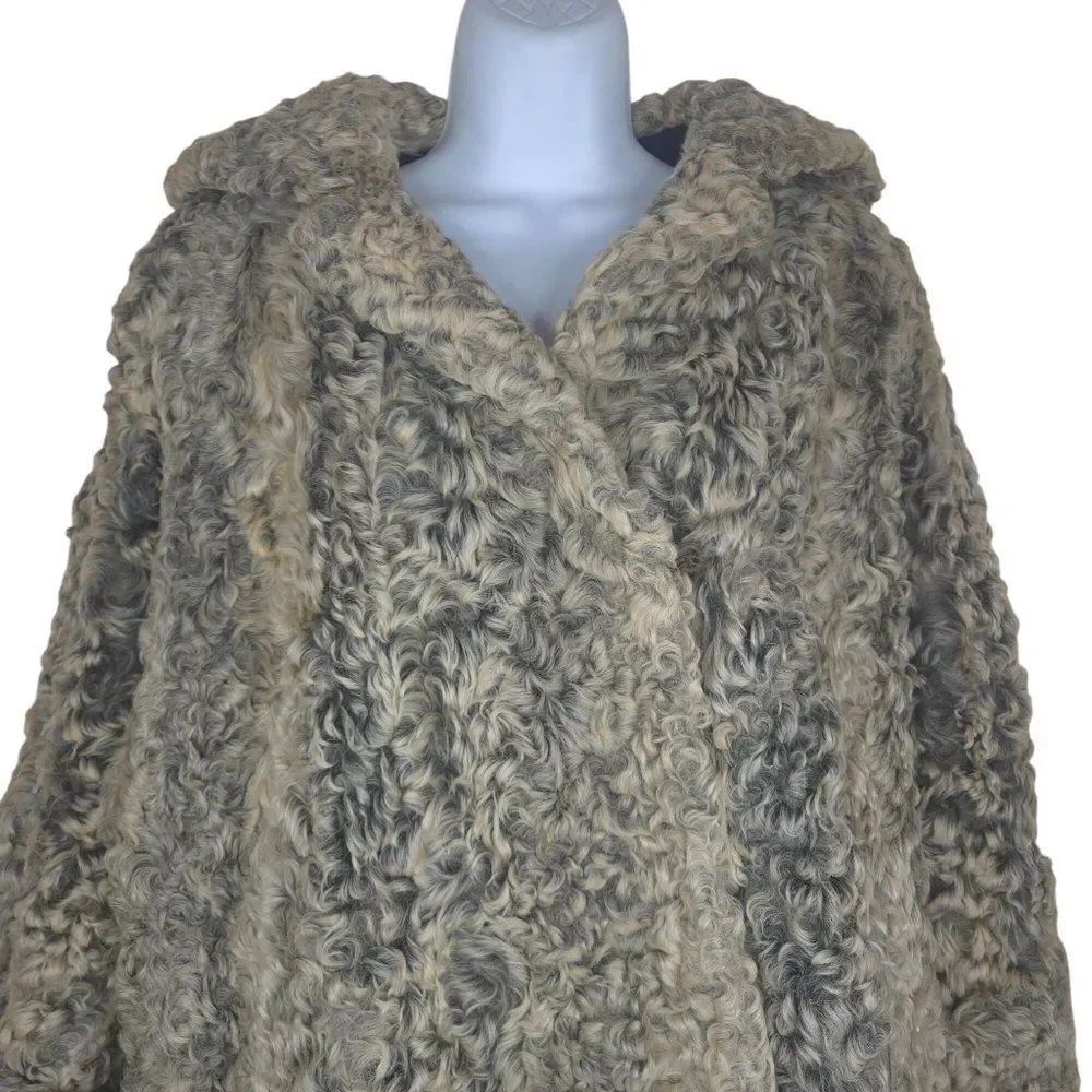 Vintage 50s Curly Lamb Mongolian Fur Coat Beige Gray Womens M Jordan Marsh - Picture 2 of 13